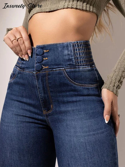 High-Waisted Skinny Flare Jeans with Elastic Waistband | Tummy Control & Stretch Comfort