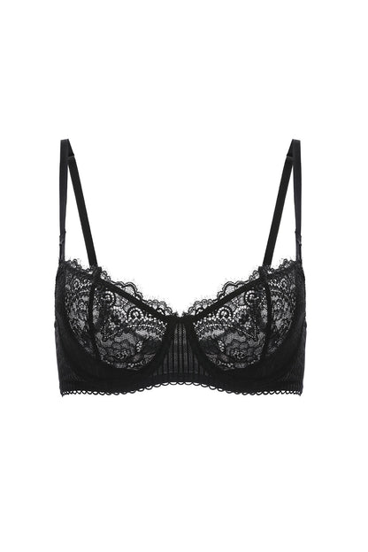 Lace push-up balconette bra - Black