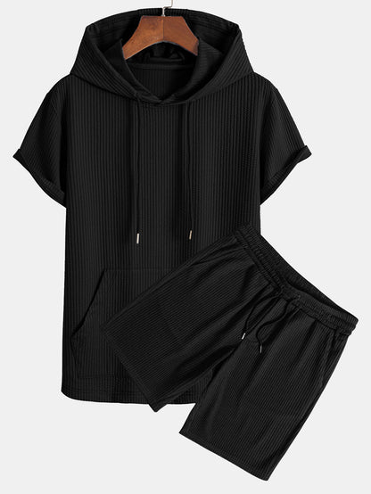 Ribbed LoungeFit™ Hooded Set – Kangaroo Pocket Tee & Drawstring Shorts