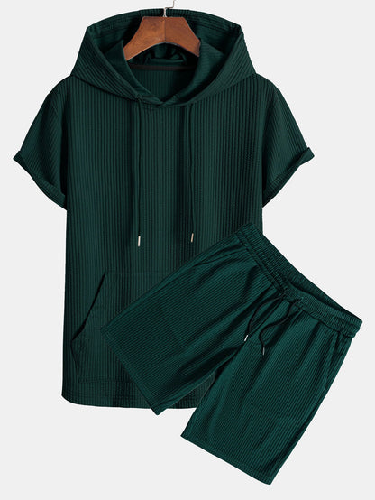 Ribbed LoungeFit™ Hooded Set – Kangaroo Pocket Tee & Drawstring Shorts