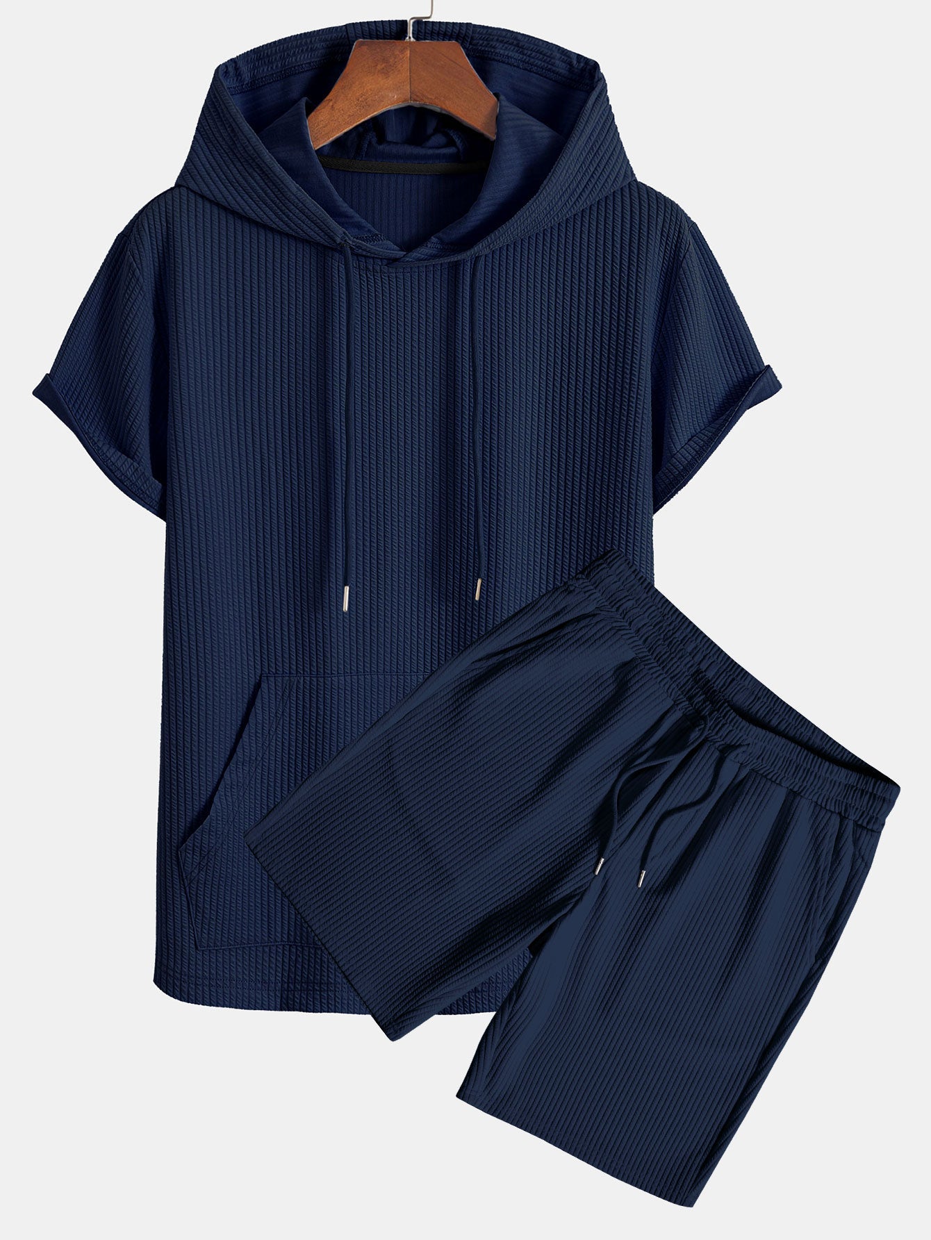 Ribbed LoungeFit™ Hooded Set – Kangaroo Pocket Tee & Drawstring Shorts