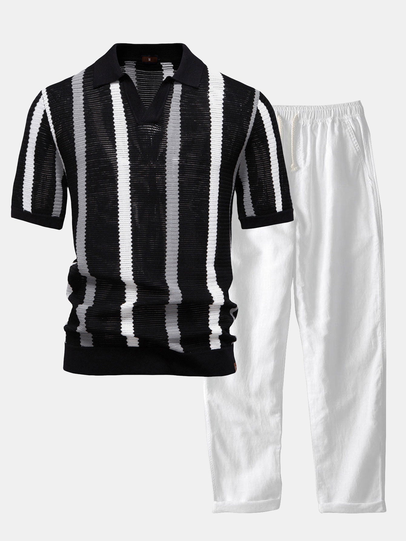 Casual Elegance Set – Striped Knit Collar Polo & Straight Linen Pants