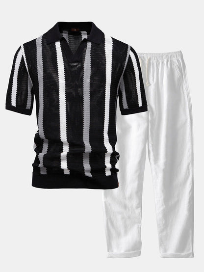 Casual Elegance Set – Striped Knit Collar Polo & Straight Linen Pants