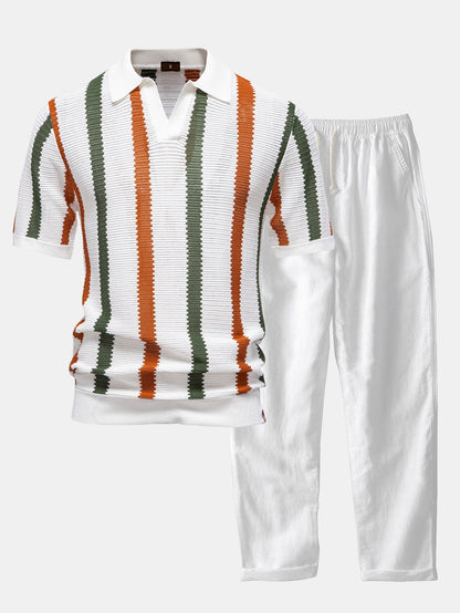 Casual Elegance Set – Striped Knit Collar Polo & Straight Linen Pants