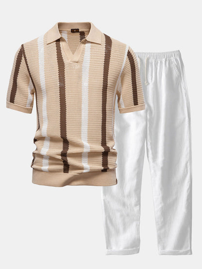 Casual Elegance Set – Striped Knit Collar Polo & Straight Linen Pants