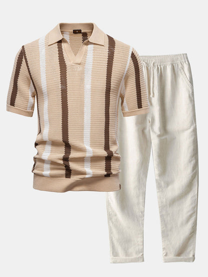 Casual Elegance Set – Striped Knit Collar Polo & Straight Linen Pants