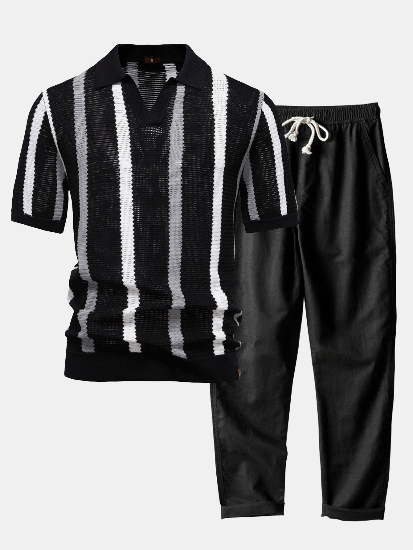 Casual Elegance Set – Striped Knit Collar Polo & Straight Linen Pants