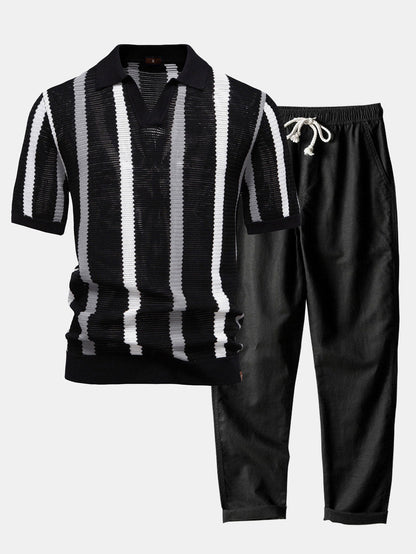 Casual Elegance Set – Striped Knit Collar Polo & Straight Linen Pants