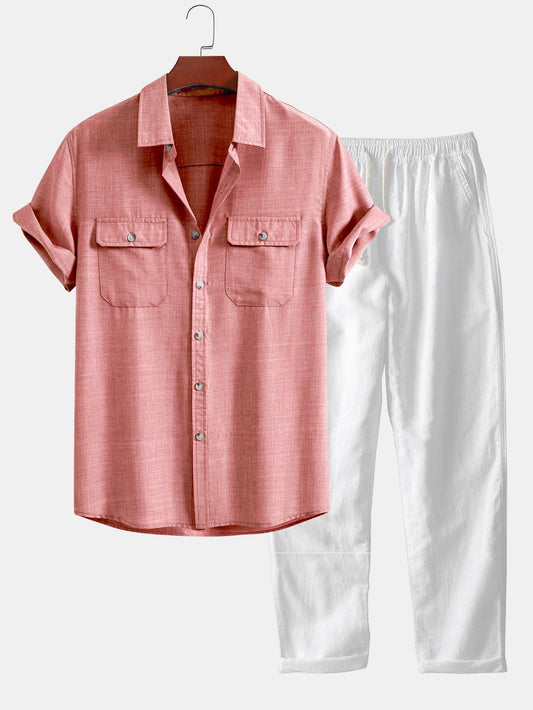 Casual Comfort: Textured Shirt with Two Pockets & Linen Trousers