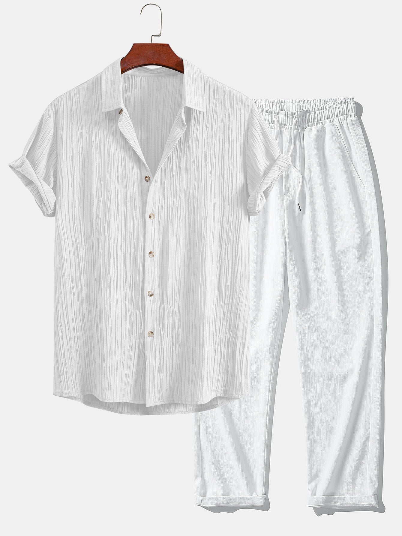 Chic Crinkled Textured Set: Button-Up Shirt and Straight-Leg Pants