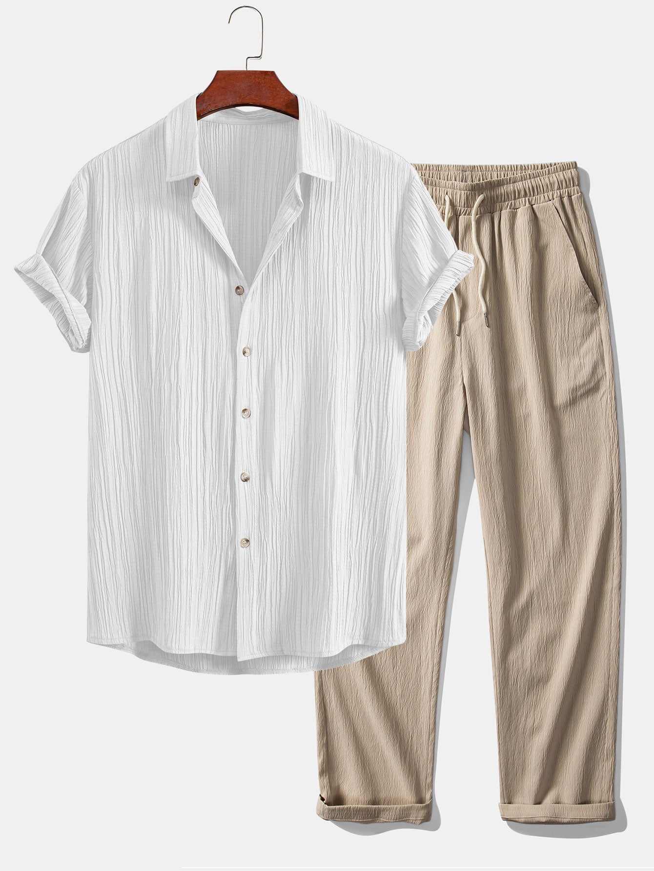 Chic Crinkled Textured Set: Button-Up Shirt and Straight-Leg Pants