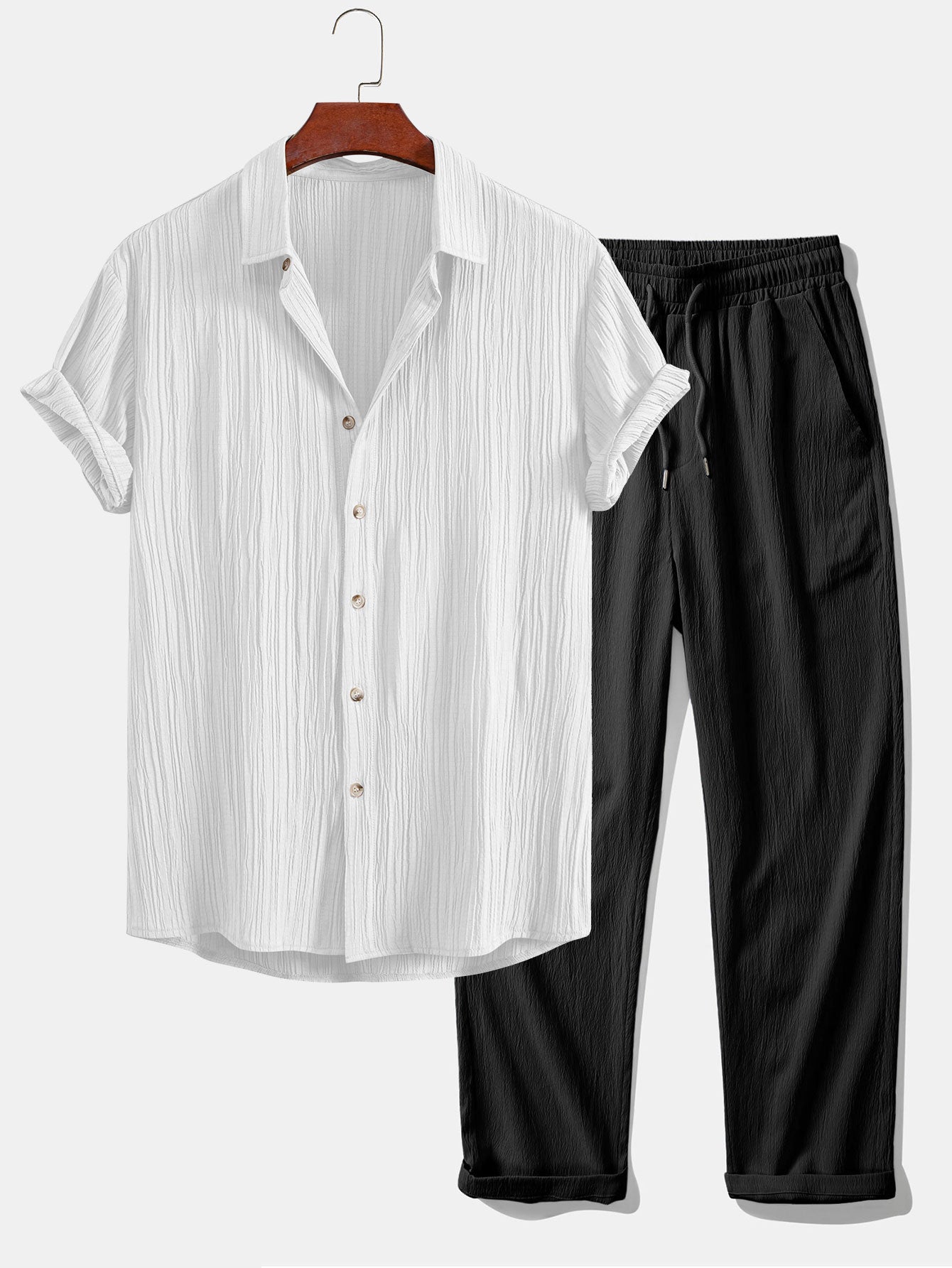 Chic Crinkled Textured Set: Button-Up Shirt and Straight-Leg Pants