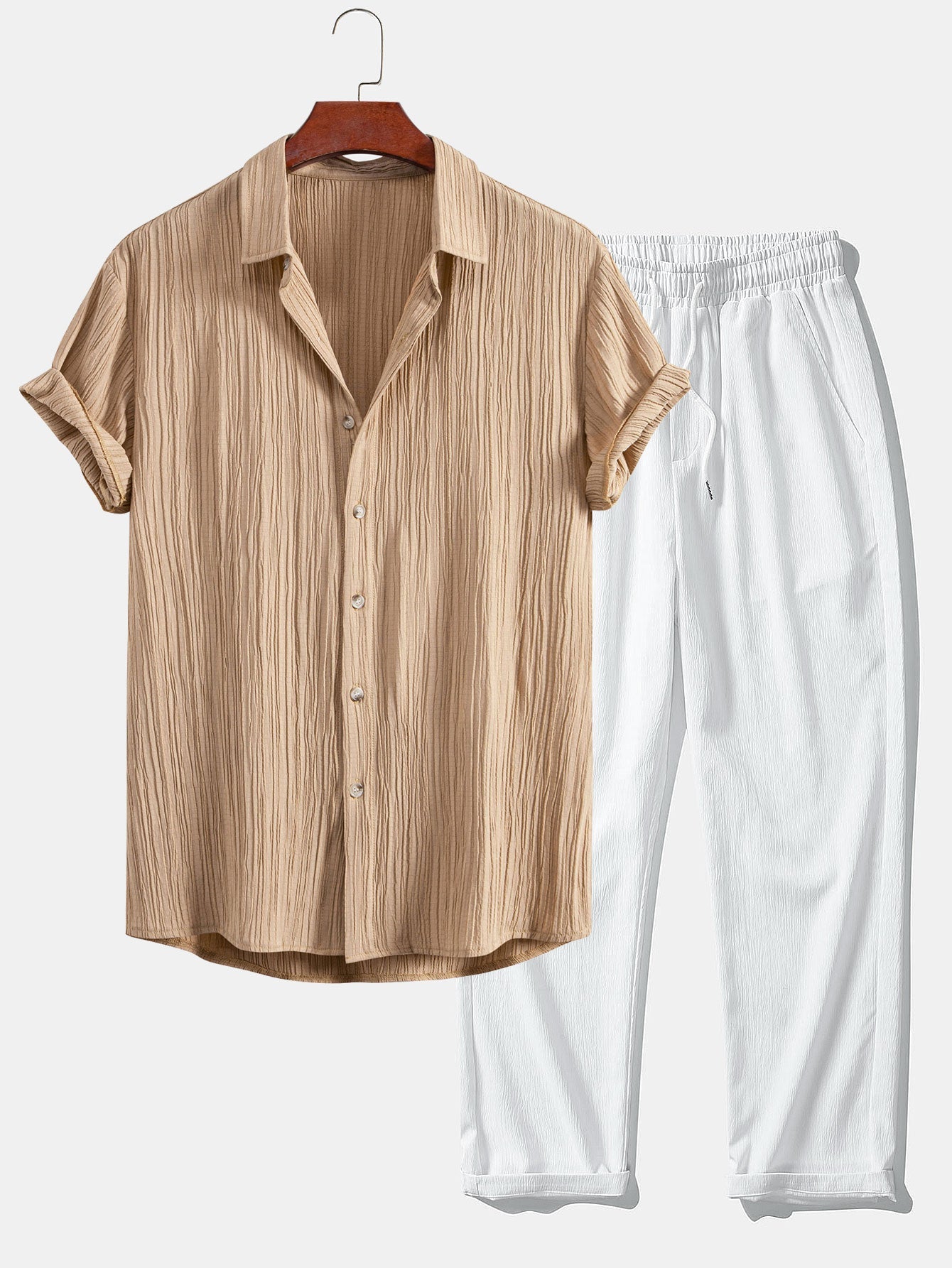 Chic Crinkled Textured Set: Button-Up Shirt and Straight-Leg Pants
