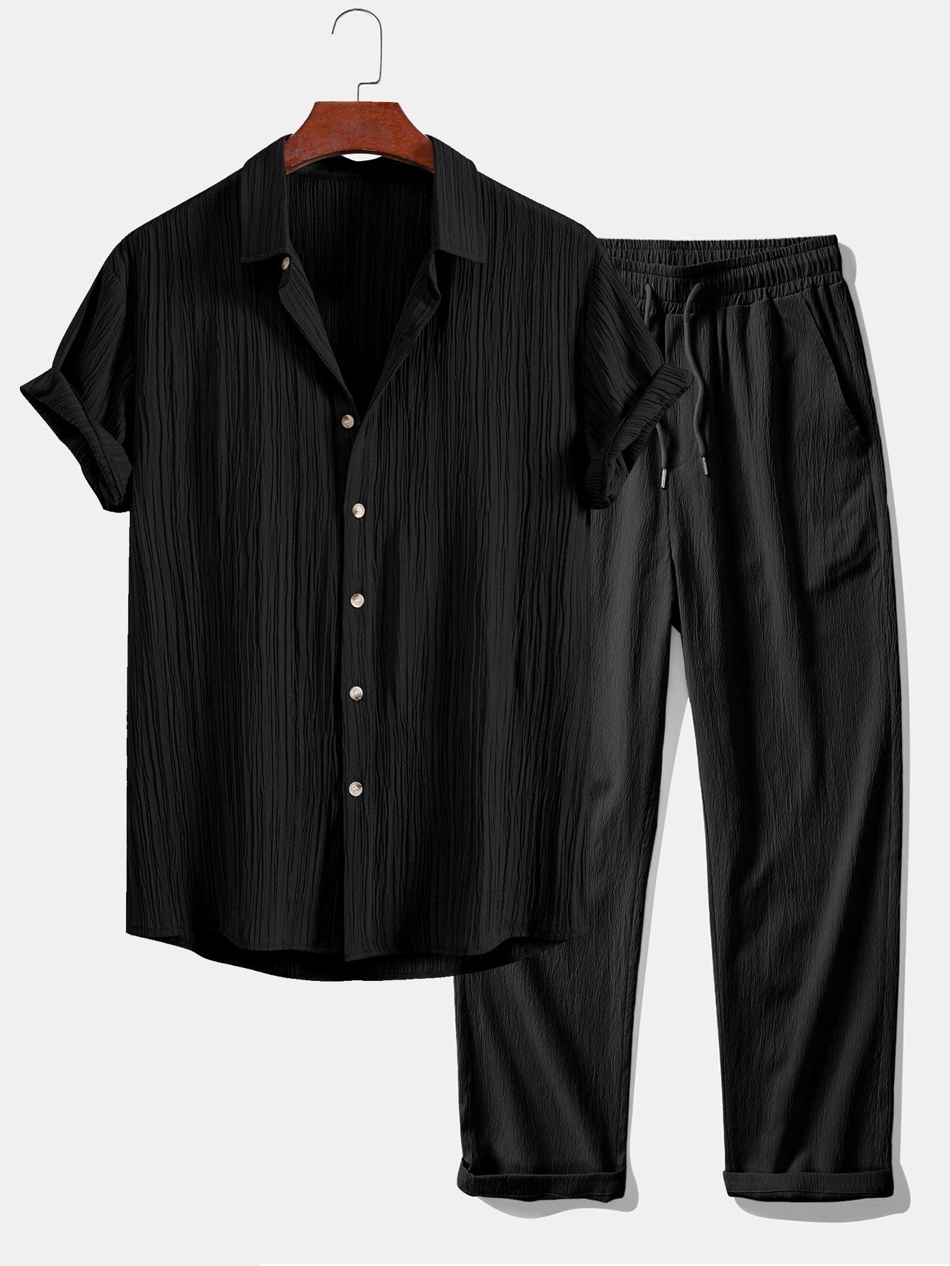 Chic Crinkled Textured Set: Button-Up Shirt and Straight-Leg Pants