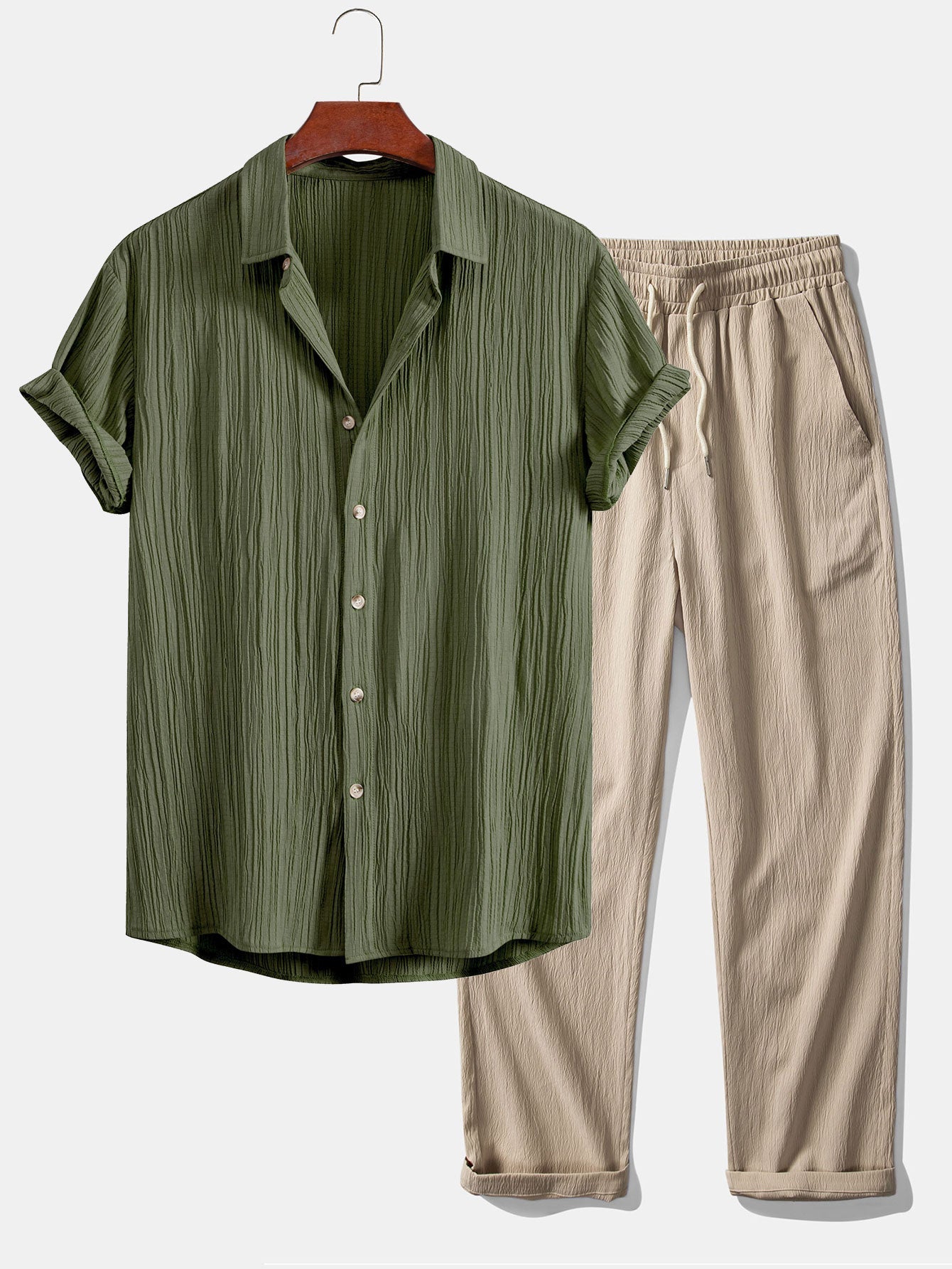 Chic Crinkled Textured Set: Button-Up Shirt and Straight-Leg Pants
