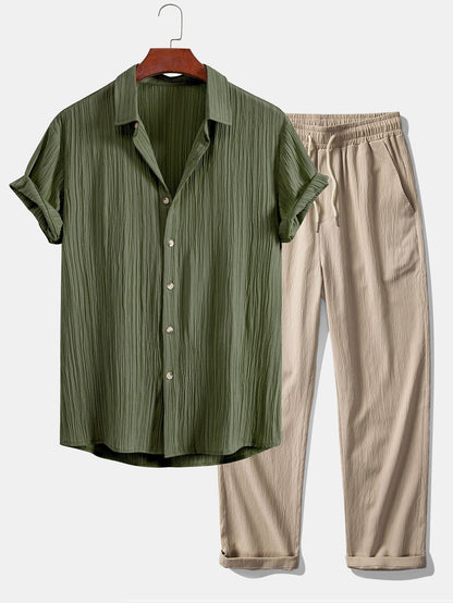 Chic Crinkled Textured Set: Button-Up Shirt and Straight-Leg Pants