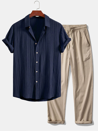 Chic Crinkled Textured Set: Button-Up Shirt and Straight-Leg Pants